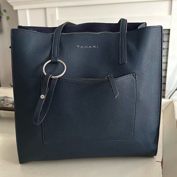 TAHARI Navy Blue Faux Pebbled Leather Conductor Tote - Picture 1 of 15